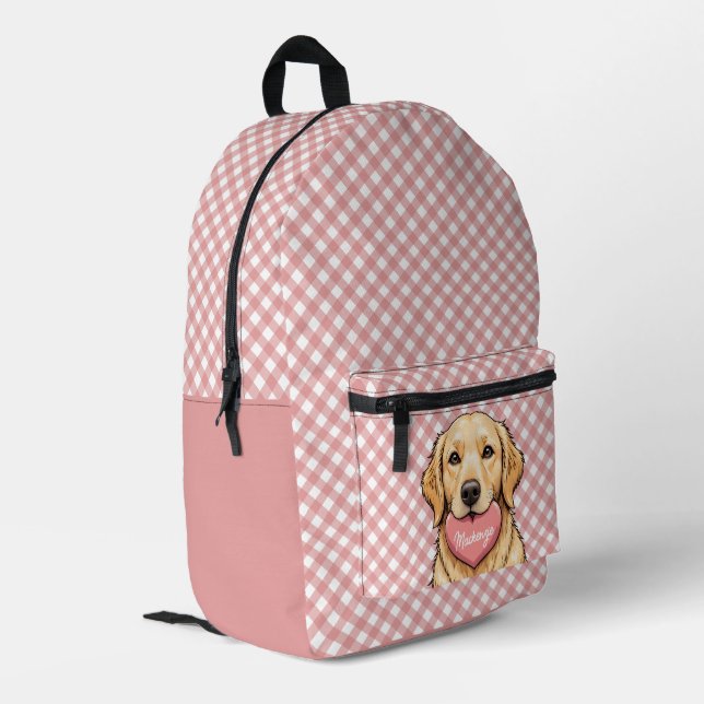 Personalized Cute Dog with Heart Plaid Pattern Printed Backpack (Back Corner Left)