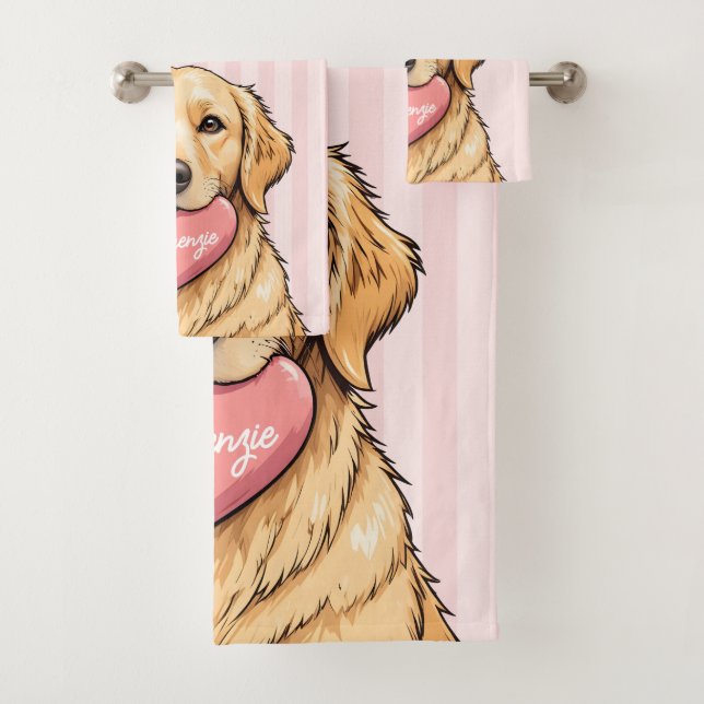 Personalized Cute Dog with Pink Heart Bath Towel Set (Insitu)