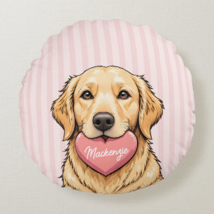 Personalized Cute Dog with Pink Heart Round Cushion