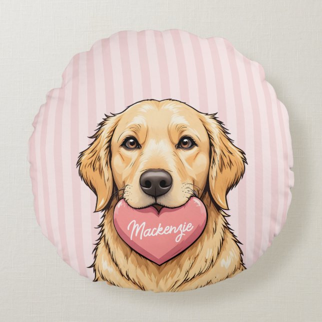 Personalized Cute Dog with Pink Heart Round Cushion (Front)