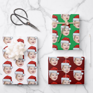Personalized Cute Face Photo Santa Hat Christmas Wrapping Paper Sheet