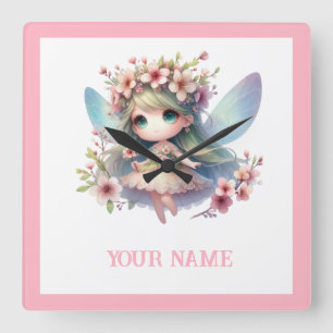 Personalized cute Fairy & Floral Wreath Square Wall Clock
