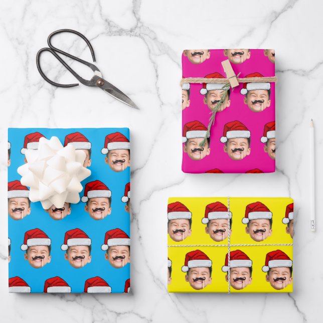 Personalized Cute Family Face Santa Hat Photo Xmas Wrapping Paper Sheet (Front)