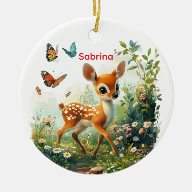 Personalized Cute Fawn Ceramic Ornament (Front)