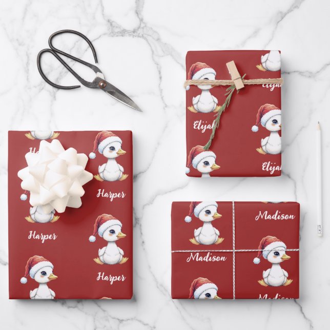 Personalized Cute Festive Christmas Goose Duck Wrapping Paper Sheet (Front)