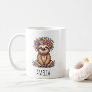 Personalized Cute Floral Sloth with Flower Crown   Coffee Mug