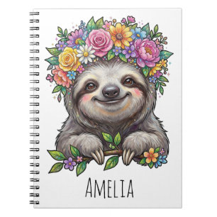 Personalized Cute Floral Sloth with Flower Crown Notebook