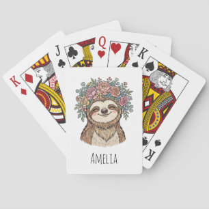 Personalized Cute Floral Sloth with Flower Crown   Playing Cards