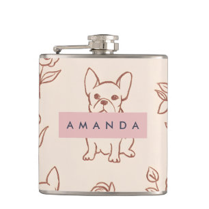 Personalized Cute French Bulldog Floral Hip Flask