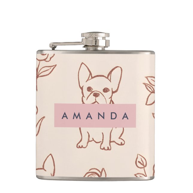 Personalized Cute French Bulldog Floral  Hip Flask (Front)
