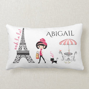 Personalized Cute Girl and Cat Eiffel Tower Paris Lumbar Cushion