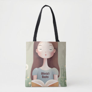 Personalized Cute Girl Reading Book Bag Tote Bag
