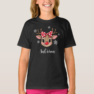 Personalized Cute Girl Reindeer Red Bow Christmas T-Shirt