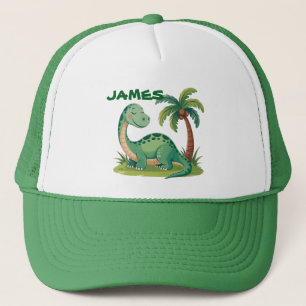 Personalized Cute Green Dinosaur . Palm Tree Desig Trucker Hat