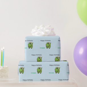Personalized cute green dinosaurs blue birthday wrapping paper