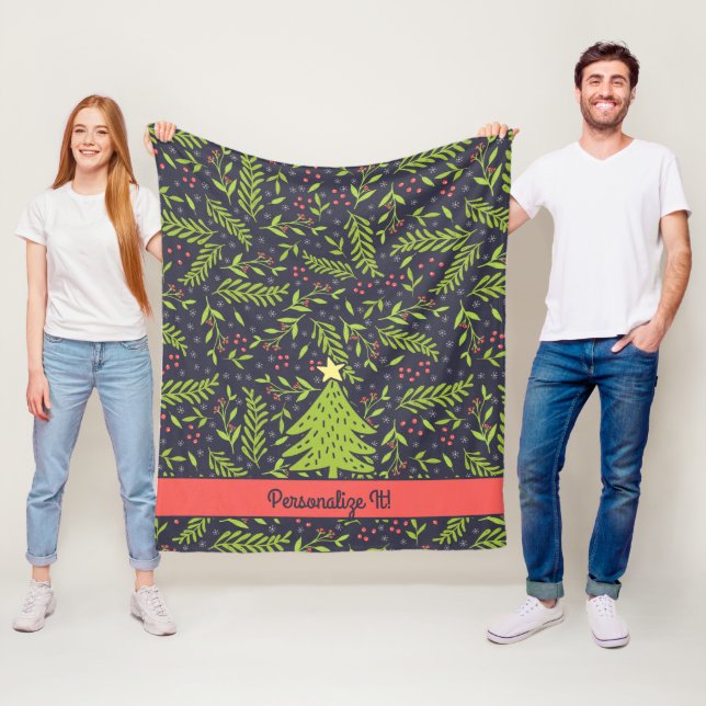 PERSONALIZED Cute Holiday Evergreens Fleece Blanket (In Situ)