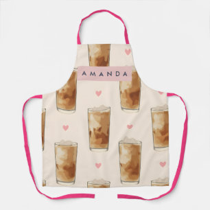 Personalized Cute Iced Coffee with Hearts Pattern Apron