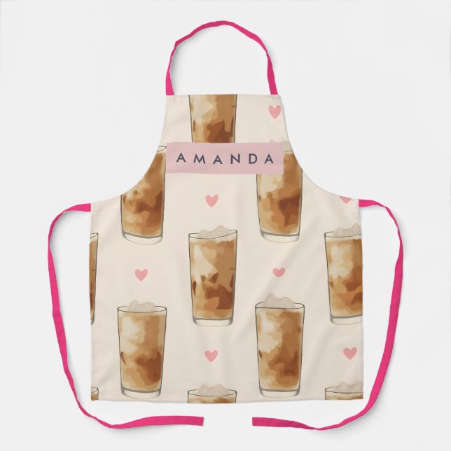 Personalized Cute Iced Coffee with Hearts Pattern Apron (Front)