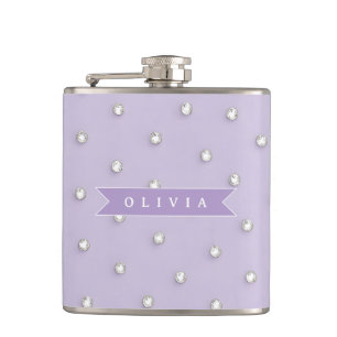Personalized cute lavender rhinestone polka dot hip flask