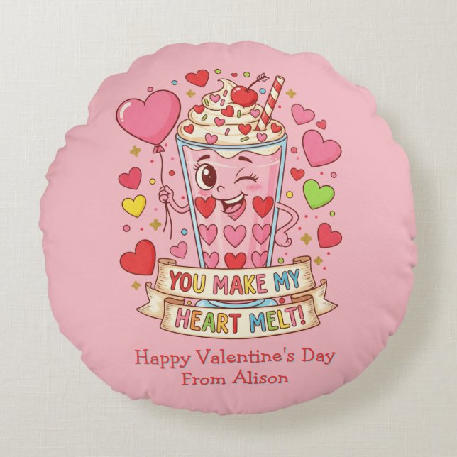 Personalized Cute Milkshake Valentine Round Cushion (Front)
