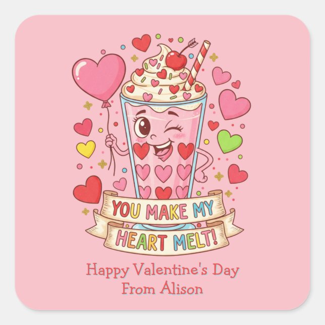 Personalized Cute Milkshake Valentine Square Sticker (Front)