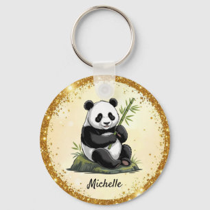 Personalized Cute Panda Bear Greenery Bamboo Gold  Key Ring