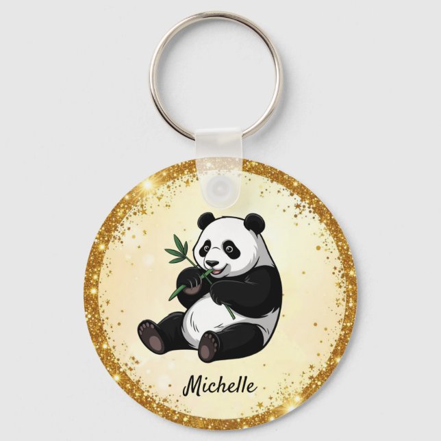 Personalized Cute Panda Bear Greenery Bamboo Gold  Key Ring (Front)