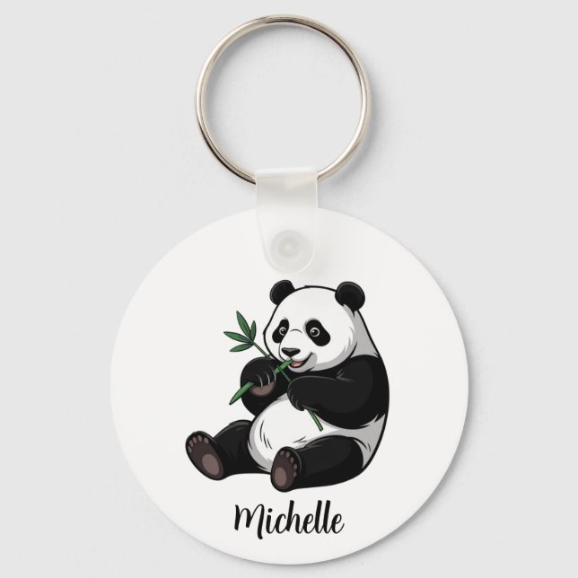 Personalized Cute Panda Bear With Greenery Bamboo  Key Ring (Front)