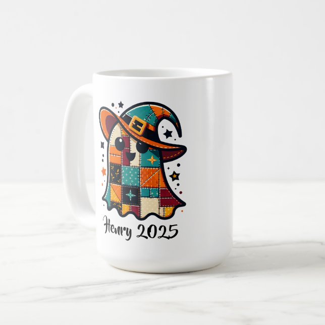 Personalized Cute Patchwork Ghost Halloween Coffee Mug (Front Left)