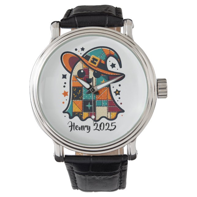 Personalized Cute Patchwork Ghost Halloween Watch (Front)