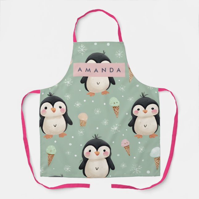 Personalized Cute Penguin & Ice Cream Pattern Apron (Front)