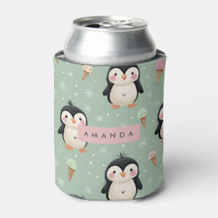 Personalized Cute Penguin & Ice Cream Pattern Can Cooler