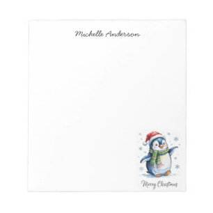 Personalized Cute Penguin in Santa Hat Christmas Notepad