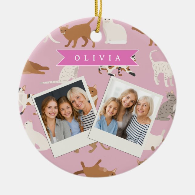 Personalized Cute Pink Cat Pattern Gift Cat Lover Ceramic Tree Decoration (Front)