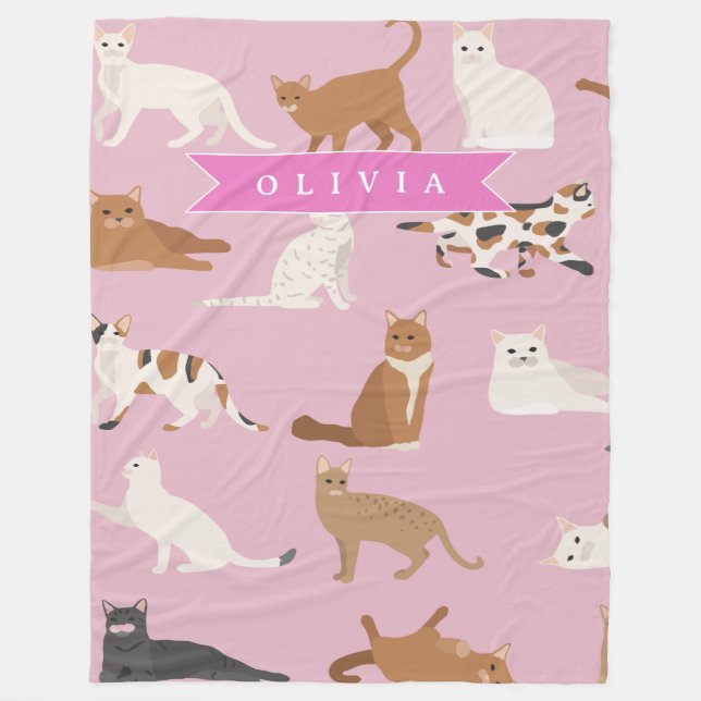 Personalized Cute Pink Cat Pattern Gift Cat Lover Fleece Blanket (Front)