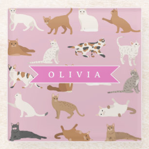 Personalized Cute Pink Cat Pattern Gift Cat Lover Glass Coaster