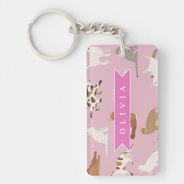 Personalized Cute Pink Cat Pattern Gift Cat Lover Key Ring (Front)