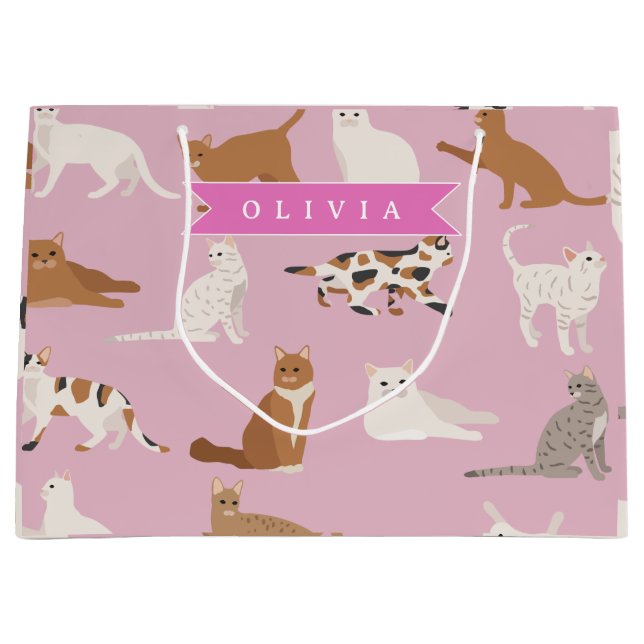 Personalized Cute Pink Cat Pattern Gift Cat Lover Large Gift Bag (Front)