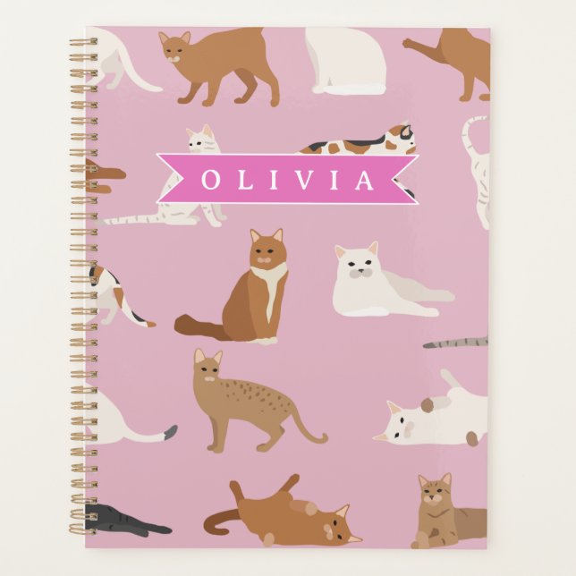Personalized Cute Pink Cat Pattern Gift Cat Lover Planner (Front)