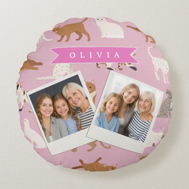 Personalized Cute Pink Cat Pattern Gift Cat Lover Round Cushion (Front)