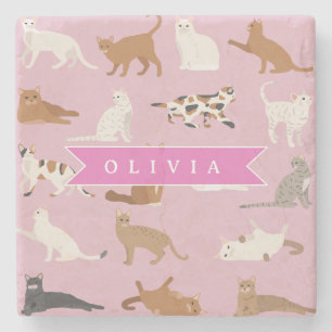 Personalized Cute Pink Cat Pattern Gift Cat Lover Stone Coaster