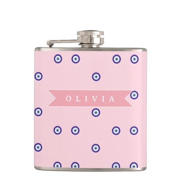 Personalized Cute Pink Evil Eye Custom Gift Hip Flask (Front)