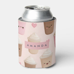 Personalized Cute Pink Kawaii Coffee Cup Can Cooler
