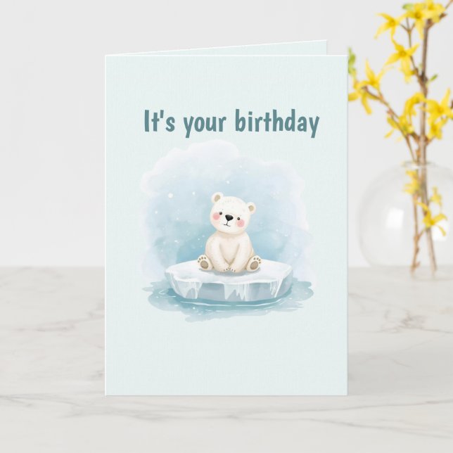 Personalized Cute Polar Bear Birthday Card (Yellow Flower)
