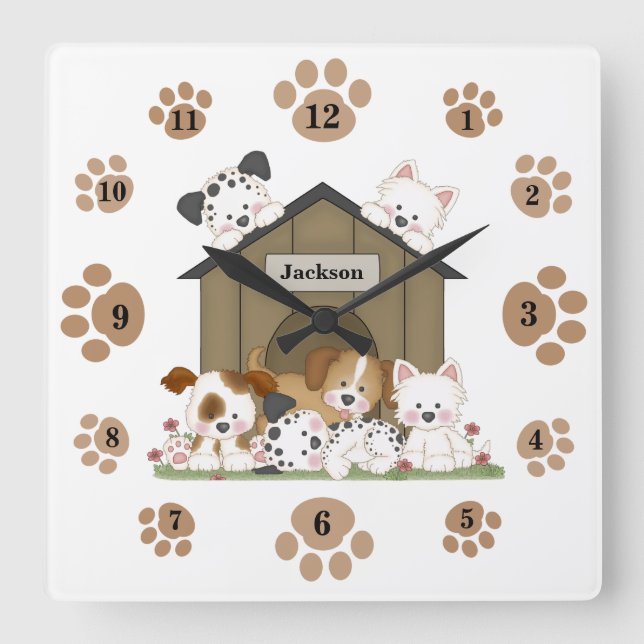 Personalized Cute Puppy Dog Baby Nursery Kids Room Square Wall Clock (Front)
