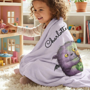 Personalized Cute Purple Green Fluffy Monster Kids Fleece Blanket