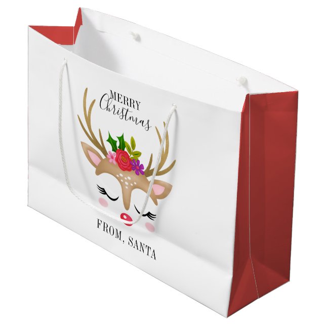 Personalized Cute Reindeer Christmas Large Gift Bag (Front Angled)