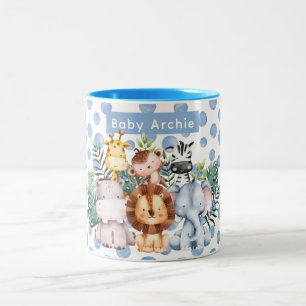 Personalized Cute Safari Animal baby boy name blue Two-Tone Coffee Mug