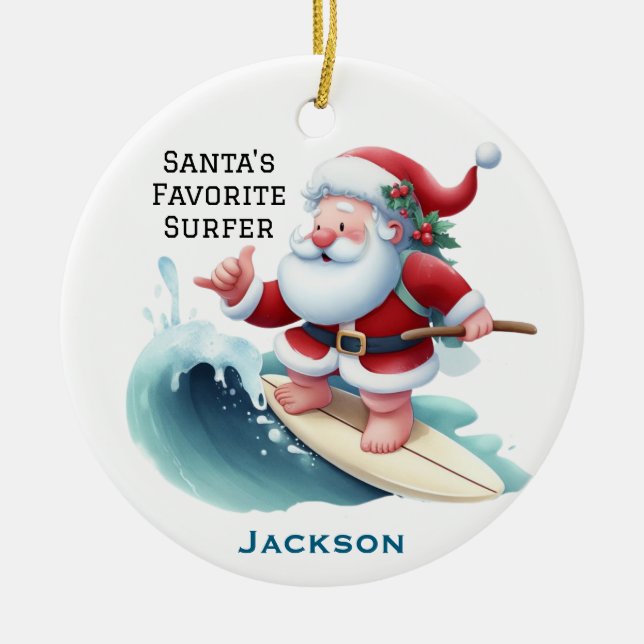 Personalized Cute Santa's Favorite Surfer Ceramic Tree Decoration (Front)