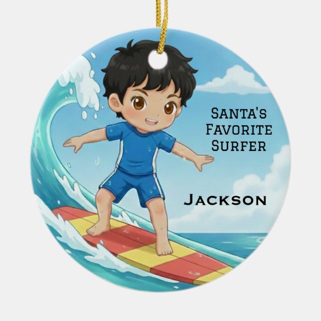 Personalized Cute Santa's Favorite Surfer Ceramic Tree Decoration (Front)